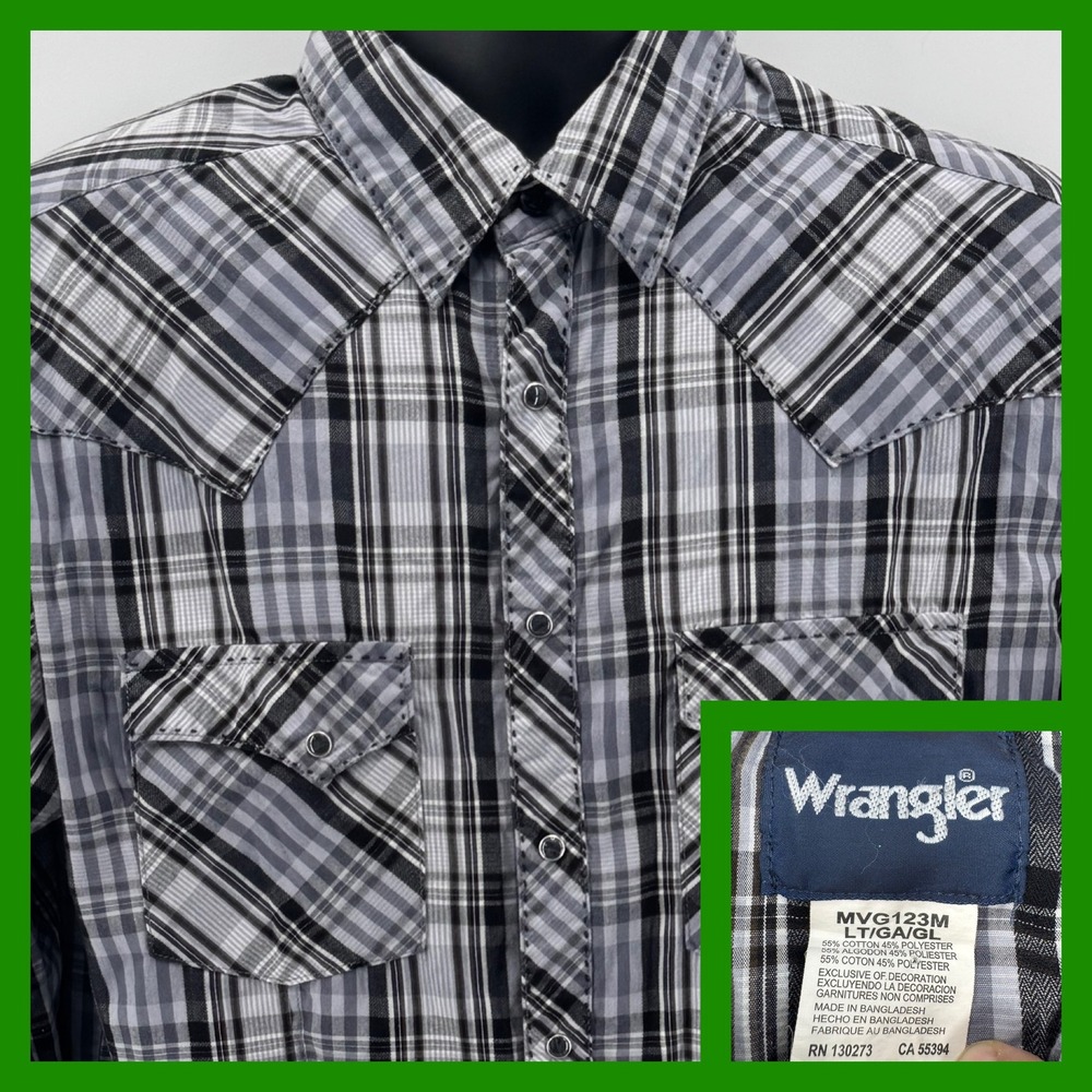 Wrangler Plaid Western Shirt Mens Long Sleeve Button‎ Up Gray Black Rockabilly
